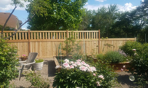 Gorgeous cedar wood fence in a quaint garden backyard